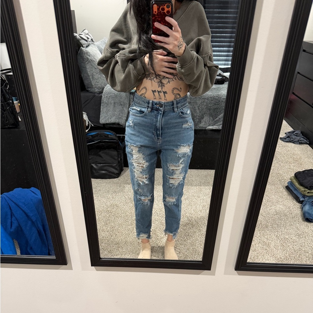 High-Waisted Distressed Blue Jeans